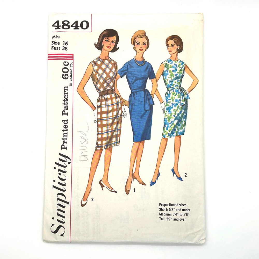 Simplicity Vintage 1960's Pattern #4840 Misses One Piece Dress Size 16